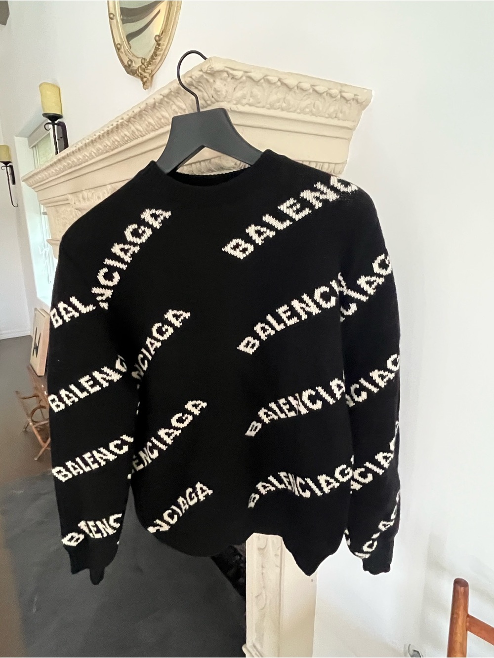 Balenciaga Black Crewneck Sweater with White All-Over Logo